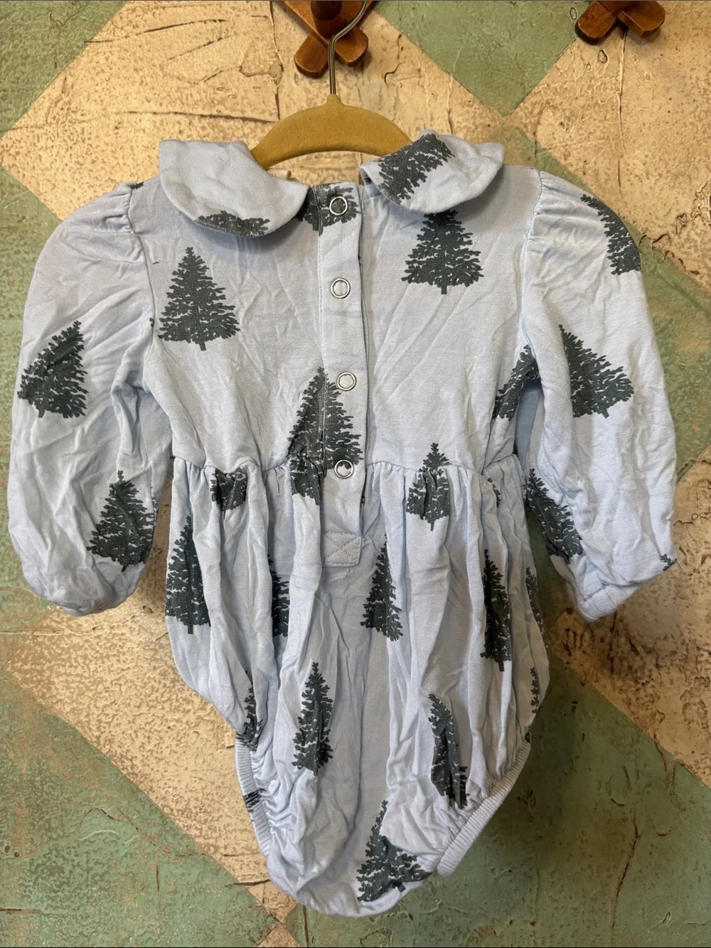 kate quinn Light Blue Bodysuit with Dark Green Tree Print